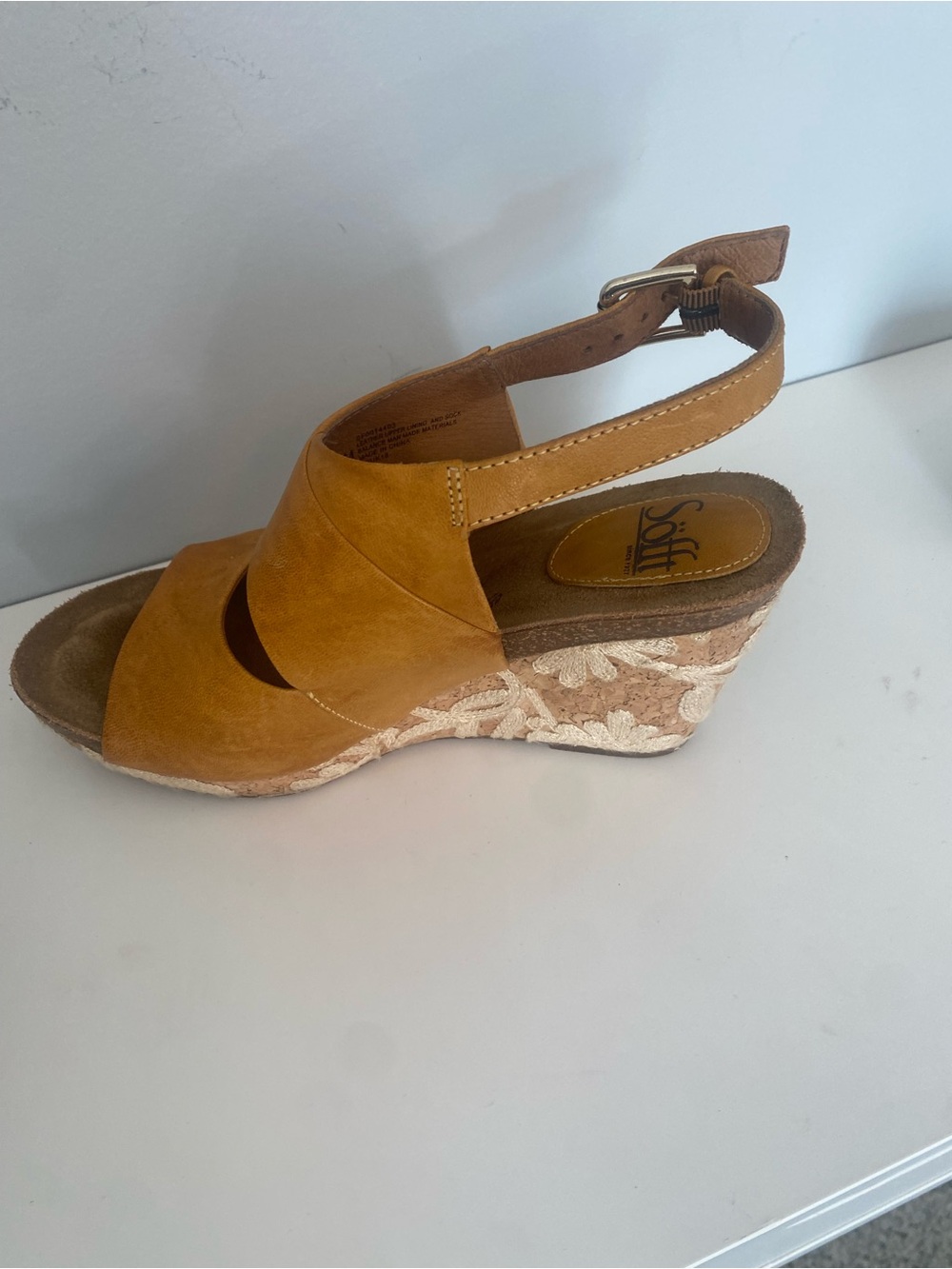 Sofft Mustard/Tan Embroidered Cork Wedge Sandal